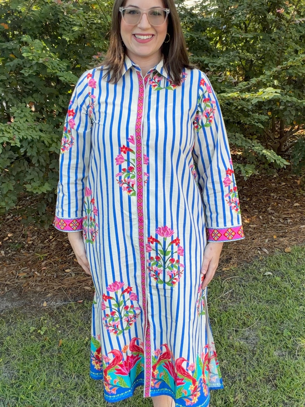 Striped Blue & White Floral Button-Front Maxi Dress with Pink Accents